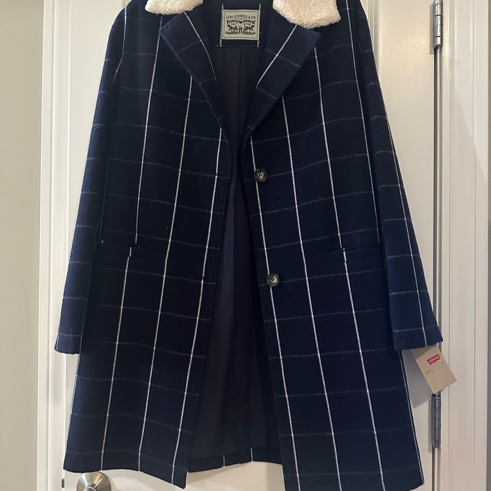 Levi's Navy Plaid Pea Coat with White Accents